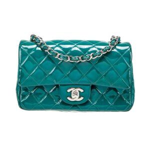 CHANEL CC MINI CLASSIC RECTANGULAR TEAL PATENT QUILTED LEATHER BAG VINTAGE